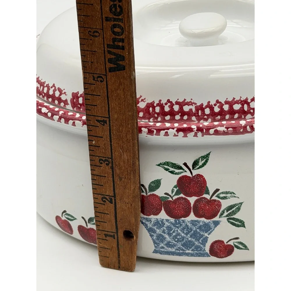 Vintage Apple Basket Oval Ceramic Casserole Dish with Lid Red Spongeware Trim